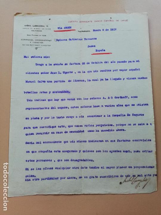 Lettres commerciales: CARTA COMERCIAL. ANIBAL LARRAZABAL W. POR VIAS MARITIMA Y TERRESTRE. VALPARAISO, CHILE. 1917.