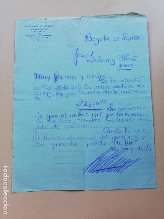 Lettres commerciales: CARTA COMERCIAL. CARLOS LOZANO. COMERCIANTE. BOGOTA, COLOMBIA. 1917.