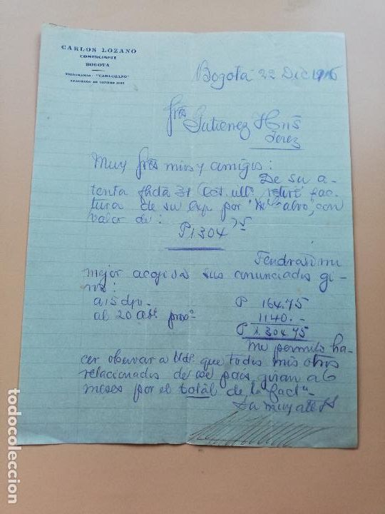 Lettres commerciales: CARTA COMERCIAL. CARLOS LOZANO. COMERCIANTE. BOGOTA, COLOMBIA. 1916.