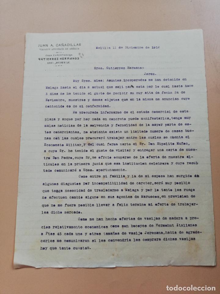 Lettres commerciales: CARTA COMERCIAL. JUAN A. CA&Ntilde;ADILLAS. VIAJANTE APODERADO EN AMERICA. MELILLA. 1916.