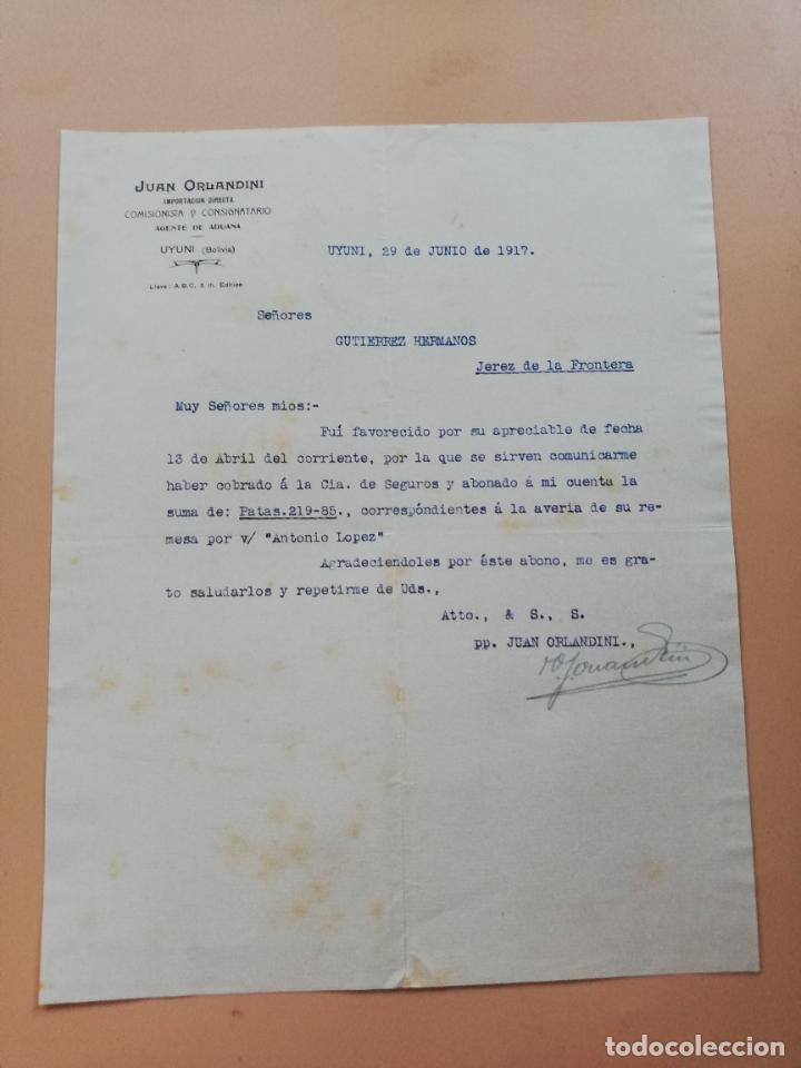 Lettres commerciales: CARTA COMERCIAL. JUAN ORLANDINI. COMISIONISTA Y CONSIGNATARIO. UYUNI, BOLIVIA. 1917.