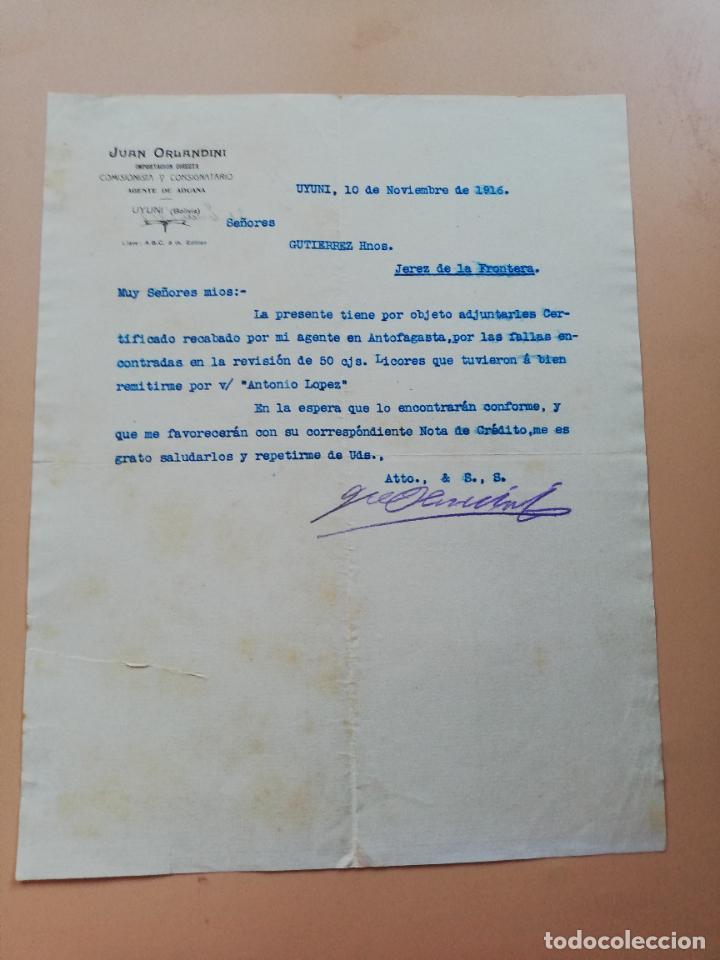 Lettres commerciales: CARTA COMERCIAL. JUAN ORLANDINI. COMISIONISTA Y CONSIGNATARIO. UYUNI, BOLIVIA. 1916.