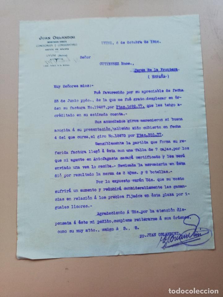 Lettres commerciales: CARTA COMERCIAL. JUAN ORLANDINI. COMISIONISTA Y CONSIGNATARIO. UYUNI, BOLIVIA. 1916.