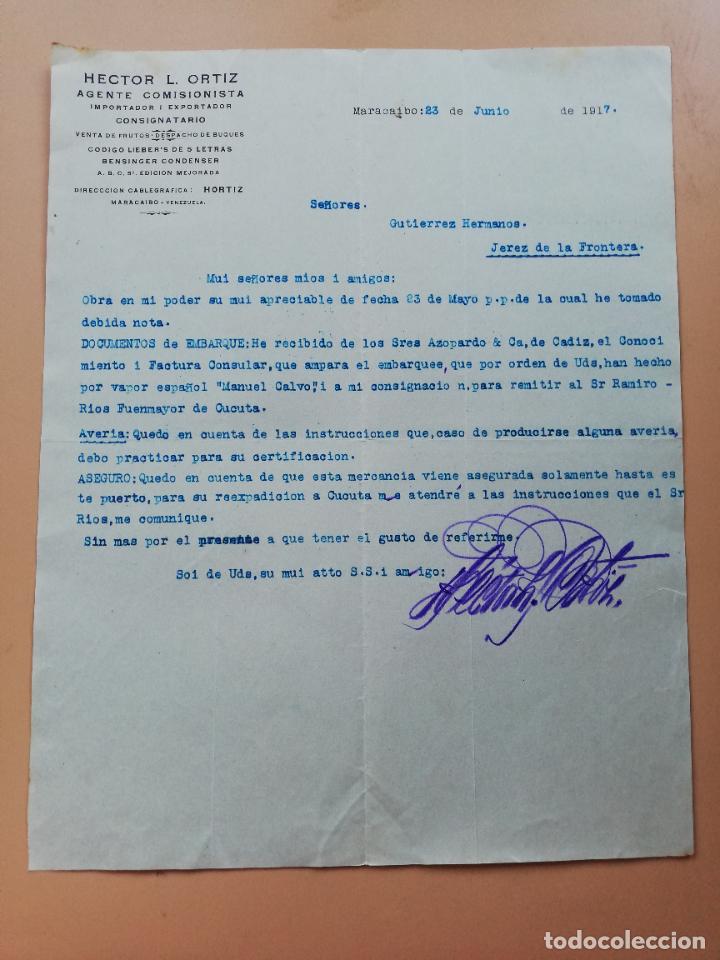 Lettres commerciales: CARTA COMERCIAL. HECTOR L. ORTIZ. VENTA DE FRUTOS DESPACHO DE BUQUES. MARACAIBO, VENEZUELA. 1917.
