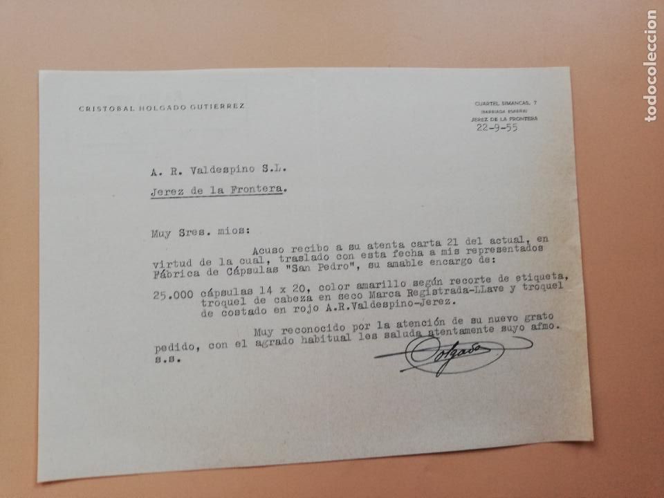 Lettres commerciales: CARTA COMERCIAL. CRISTOBAL HOLGADO GUTIERREZ. JEREZ DE LA FRONTERA, 1955.