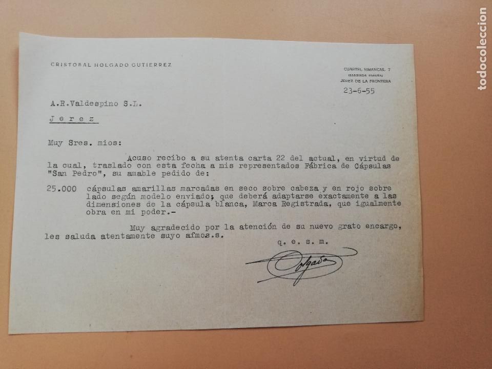 Lettres commerciales: CARTA COMERCIAL. CRISTOBAL HOLGADO GUTIERREZ. JEREZ DE LA FRONTERA, 1955.