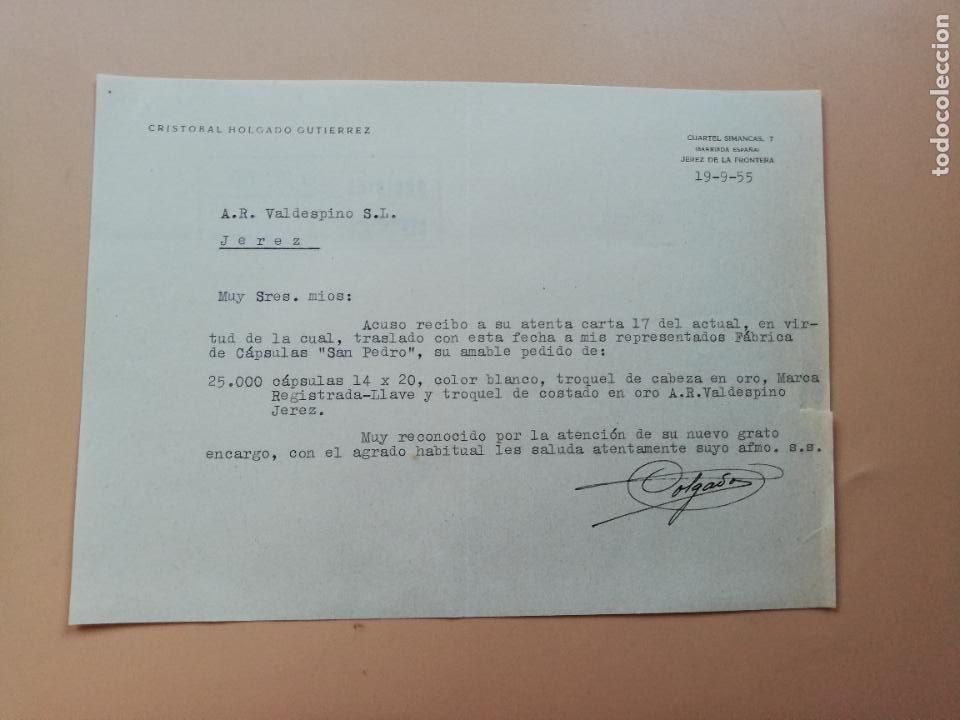 Lettres commerciales: CARTA COMERCIAL. CRISTOBAL HOLGADO GUTIERREZ. JEREZ DE LA FRONTERA, 1955.