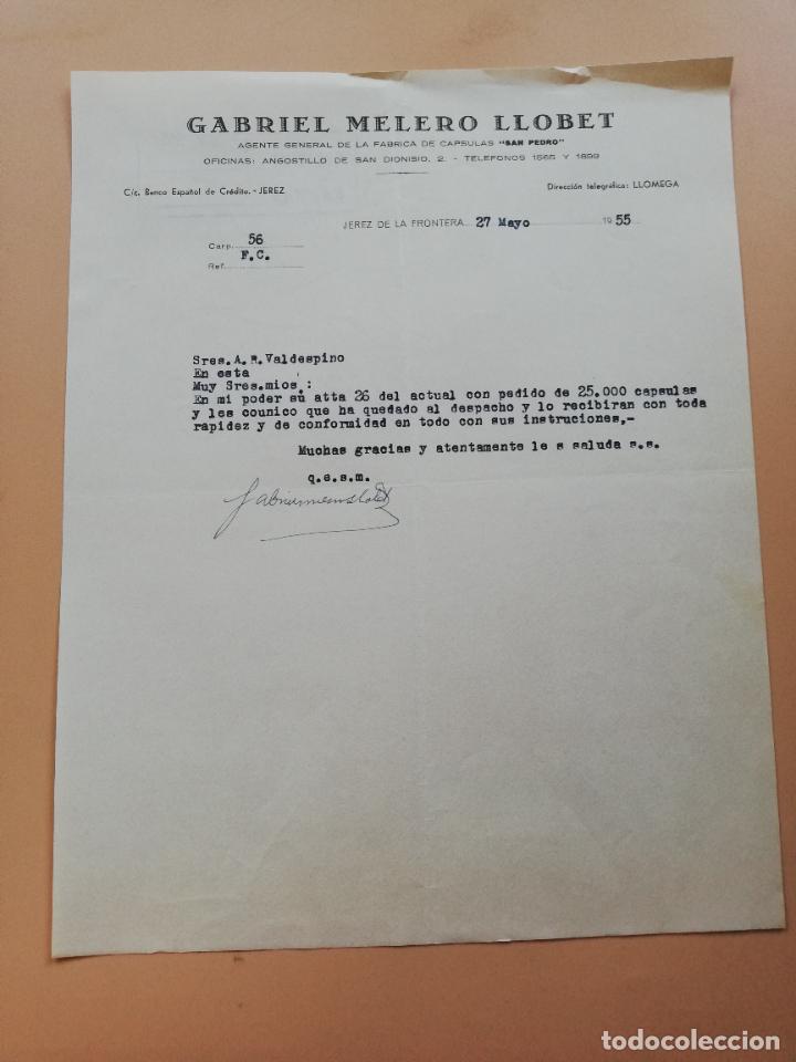 Lettres commerciales: CARTA COMERCIAL. GABRIEL MELERO LLOBET. FABRICA DE CAPSULAS SAN PEDRO. JEREZ DE LA FRONTERA, 1955.
