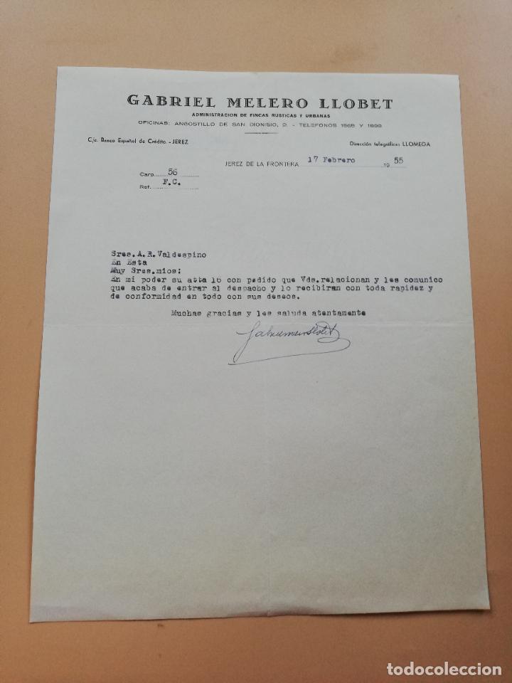 Lettres commerciales: CARTA COMERCIAL. GABRIEL MELERO LLOBET. ADMINISTRACION DE FINCAS RUSTICA. JEREZ DE LA FRONTERA, 1955