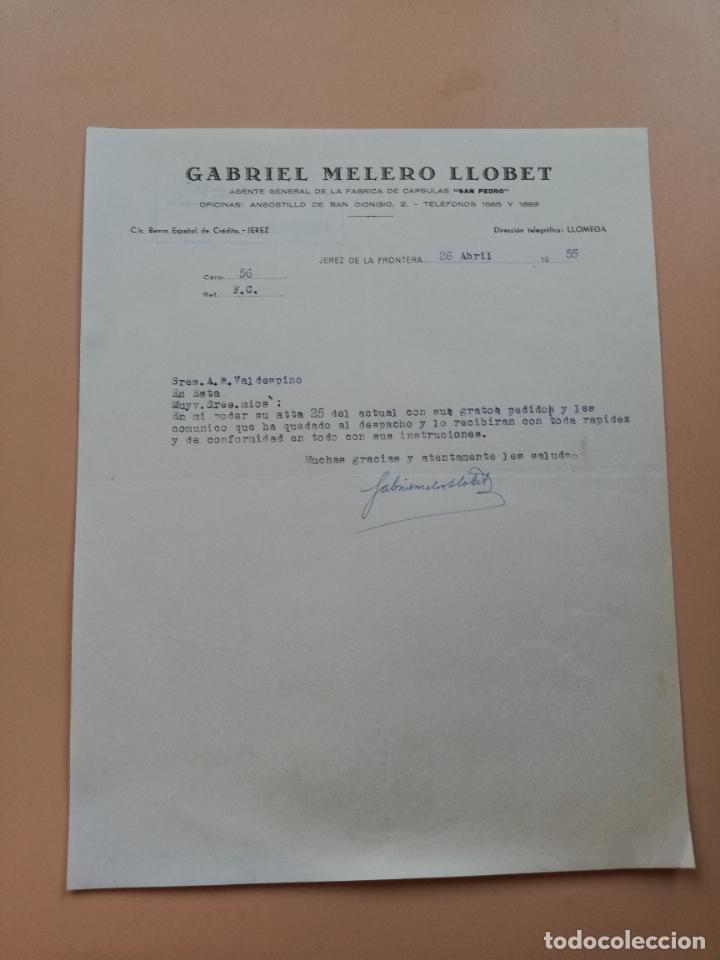 Lettres commerciales: CARTA COMERCIAL. GABRIEL MELERO LLOBET. FABRICA DE CAPSULAS SAN PEDRO. JEREZ DE LA FRONTERA, 1955.