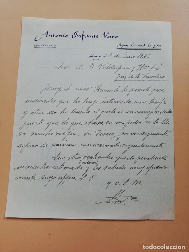 Lettres commerciales: CARTA COMERCIAL. ANTONIO INFANTE VARO. AGENTE COMERCIAL COLEGIADO. LUCENA, CORDOBA. 1946.