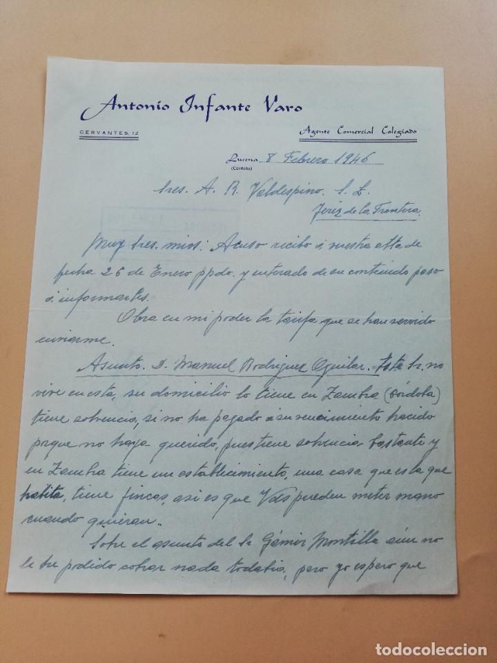 Lettres commerciales: CARTA COMERCIAL. ANTONIO INFANTE VARO. AGENTE COMERCIAL COLEGIADO. LUCENA, CORDOBA. 1946.