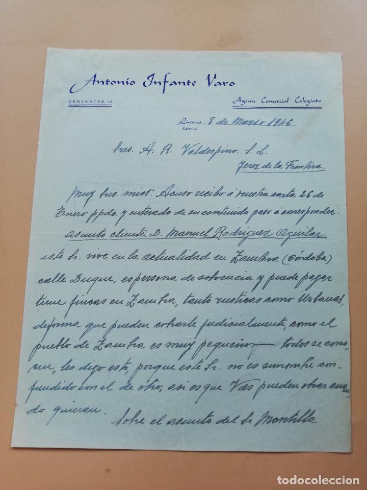 Lettres commerciales: CARTA COMERCIAL. ANTONIO INFANTE VARO. AGENTE COMERCIAL COLEGIADO. LUCENA, CORDOBA. 1946.
