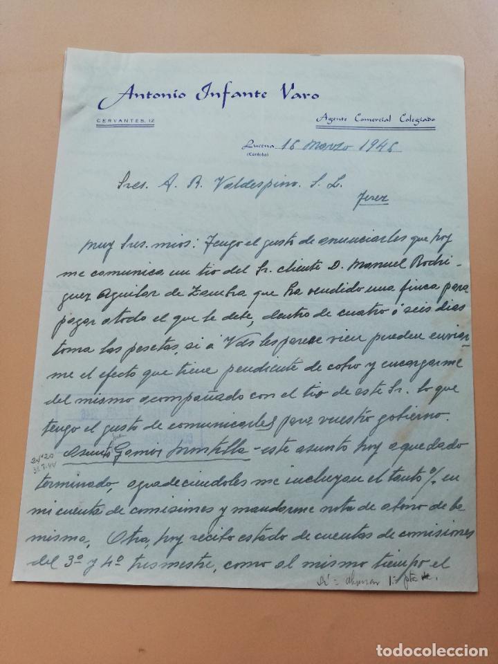 Lettres commerciales: CARTA COMERCIAL. ANTONIO INFANTE VARO. AGENTE COMERCIAL COLEGIADO. LUCENA, CORDOBA. 1946.