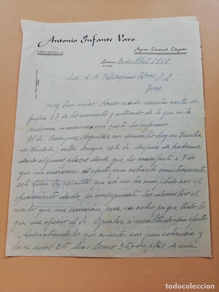 Lettres commerciales: CARTA COMERCIAL. ANTONIO INFANTE VARO. AGENTE COMERCIAL COLEGIADO. LUCENA, CORDOBA. 1946.