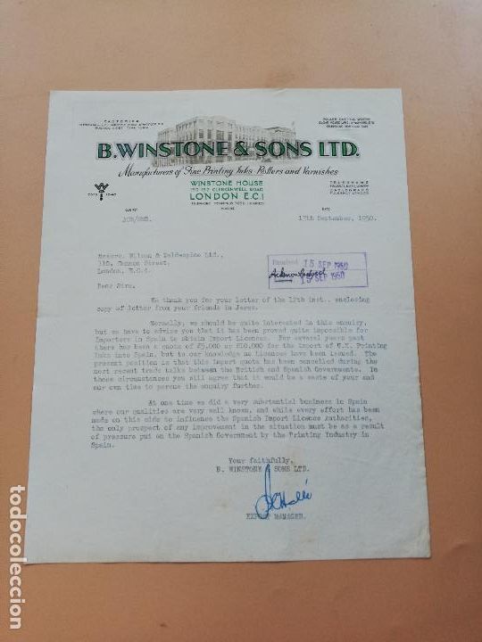 Lettres commerciales: CARTA COMERCIAL. B. WINSTONE & SONS LTD. MANUFACTURERS OF TIME PRINTING. LONDON, 1950.