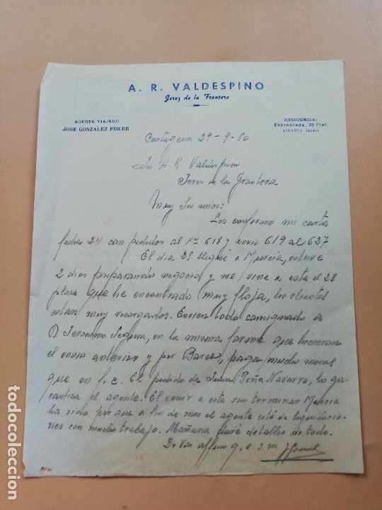 Lettres commerciales: CARTA COMERCIAL. A. R. VALDESPINO. JOSE GONZALEZ FISCER. AGENTE VIAJERO. CARTAGENA, 1950.