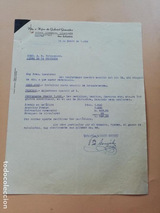 Lettres commerciales: CARTA COMERCIAL. VDA. E HIJO DE GABRIEL GONZALEZ. AGENTE COMERCIAL COLEGIADO. SAN SEBASTIAN. 1955.