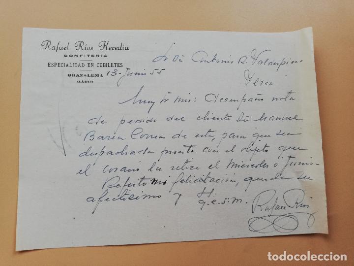 Lettres commerciales: CARTA COMERCIAL. RAFAEL RIOS HEREDIA. CONFITERIA. ESPECIALIDAD EN CUBILETES. GRAZALEMA, CADIZ. 1955.