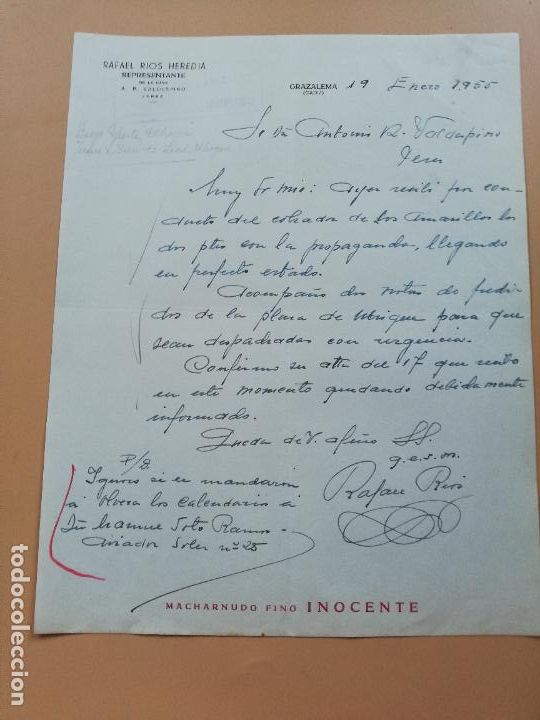 Lettres commerciales: CARTA COMERCIAL. RAFAEL RIOS HEREDIA. REPRESENTANTE. GRAZALEMA, CADIZ. 1955.