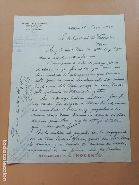 Lettres commerciales: CARTA COMERCIAL. RAFAEL RIOS HEREDIA. REPRESENTANTE. GRAZALEMA, CADIZ. 1955.