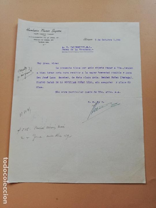 Lettres commerciales: CARTA COMERCIAL. HUMBERTO PASTOR SEGARRA, AGENTE COMERCIAL COLEGIADO. ALICANTE. 1946.