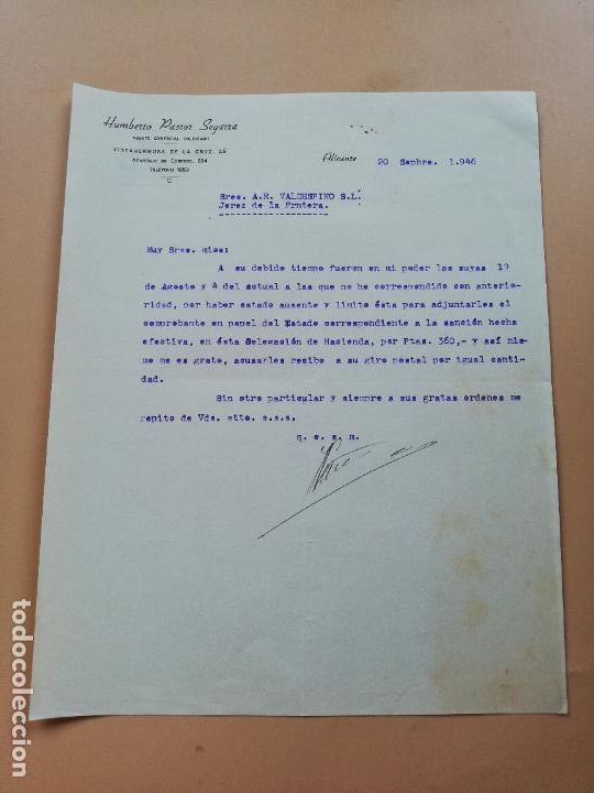 Lettres commerciales: CARTA COMERCIAL. HUMBERTO PASTOR SEGARRA, AGENTE COMERCIAL COLEGIADO. ALICANTE. 1946.