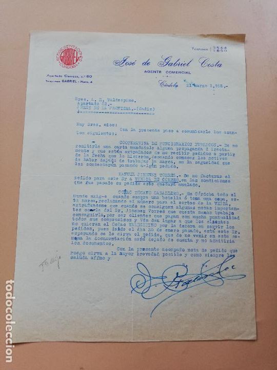 Lettres commerciales: CARTA COMERCIAL. JOSE DE GABRIEL COSTA, AGENTE COMERCIAL. CORDOBA. 1955.