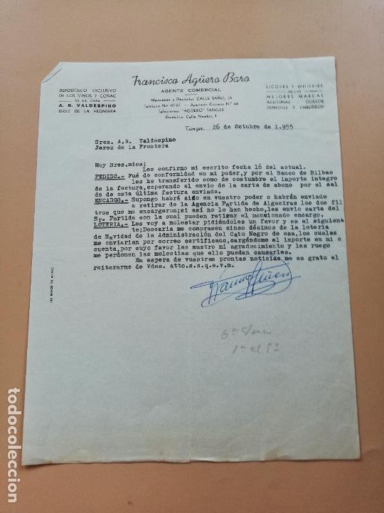 Lettres commerciales: CARTA COMERCIAL. FRANCISCO AG&Uuml;ERO BARO. VINOS Y CO&Ntilde;AC VALDESPINO, AGENTE COMERCIAL. TANGER. 1955.