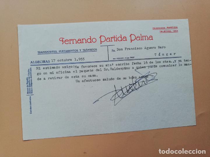 Lettres commerciales: CARTA COMERCIAL. FERNANDO PARTIDA PALMA. TRANSPORTES, FLETAMENTOS Y TRANSITO. ALGECIRAS, CADIZ. 1955