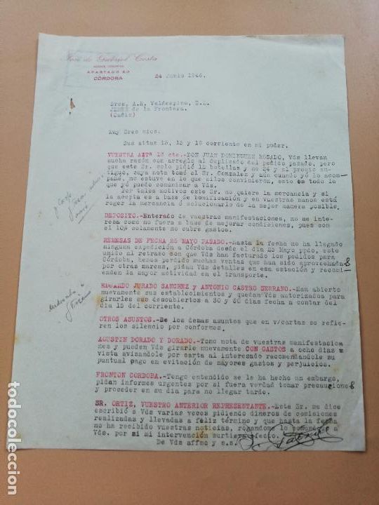 Lettres commerciales: CARTA COMERCIAL. JOSE DE GABRIEL COSTA, AGENTE COMERCIAL. CORDOBA. 1946.