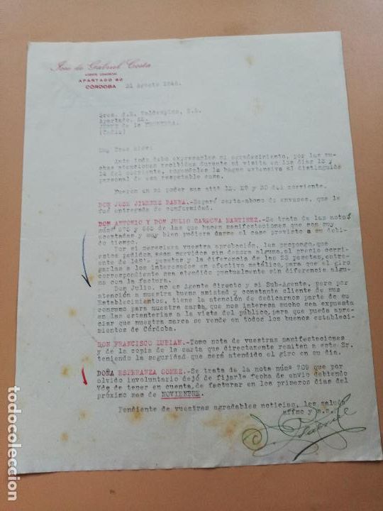 Lettres commerciales: CARTA COMERCIAL. JOSE DE GABRIEL COSTA, AGENTE COMERCIAL. CORDOBA. 1946.