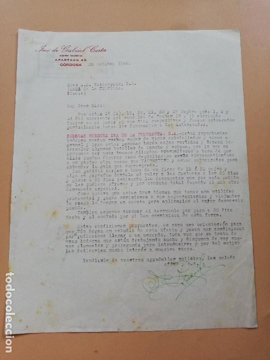 Lettres commerciales: CARTA COMERCIAL. JOSE DE GABRIEL COSTA, AGENTE COMERCIAL. CORDOBA. 1946.