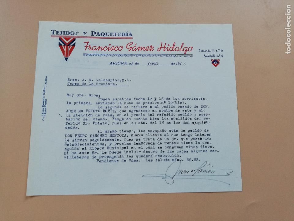 Lettres commerciales: CARTA COMERCIAL. FRANCISCO GAMEZ HIDALGO. TEJIDOS Y PAQUETERIA. ARJONA. 1946.