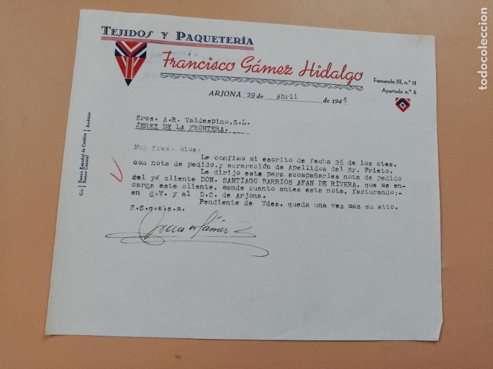 Lettres commerciales: CARTA COMERCIAL. FRANCISCO GAMEZ HIDALGO. TEJIDOS Y PAQUETERIA. ARJONA. 1946.