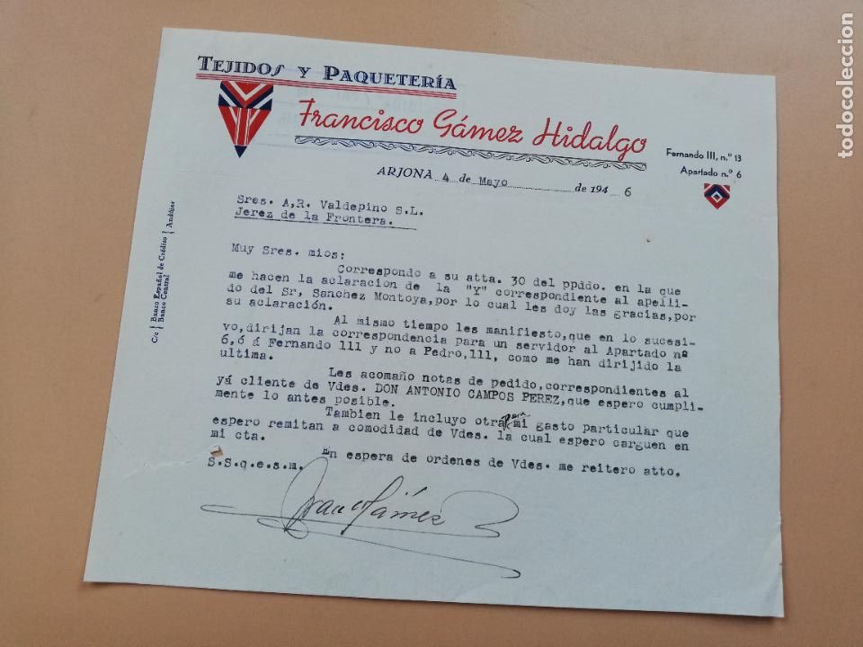 Lettres commerciales: CARTA COMERCIAL. FRANCISCO GAMEZ HIDALGO. TEJIDOS Y PAQUETERIA. ARJONA. 1946.