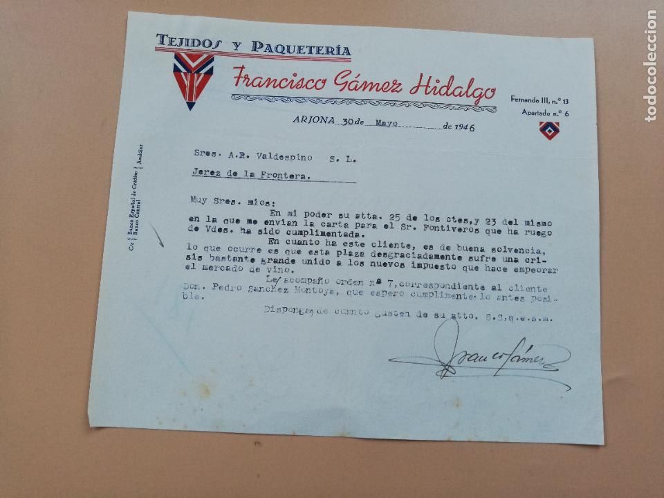 Lettres commerciales: CARTA COMERCIAL. FRANCISCO GAMEZ HIDALGO. TEJIDOS Y PAQUETERIA. ARJONA. 1946.