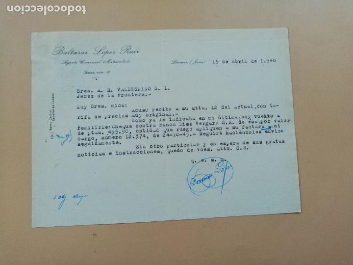 Lettres commerciales: CARTA COMERCIAL. BALTASAR LOPEZ RUIZ. AGENTE COMERCIAL MATRICULADO. LINARES, JAEN. 1946.