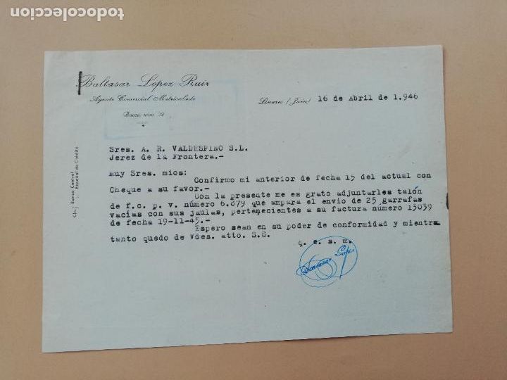 Lettres commerciales: CARTA COMERCIAL. BALTASAR LOPEZ RUIZ. AGENTE COMERCIAL MATRICULADO. LINARES, JAEN. 1946.