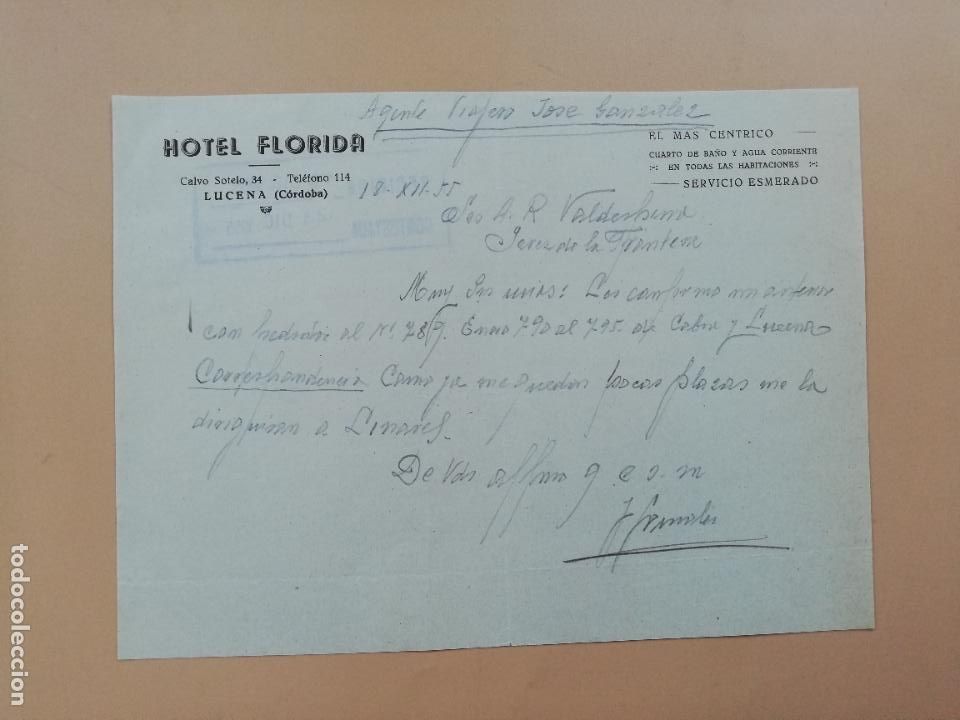 Lettres commerciales: CARTA COMERCIAL. HOTEL FLORIDA. LUCENA, CORDOBA. 1955.
