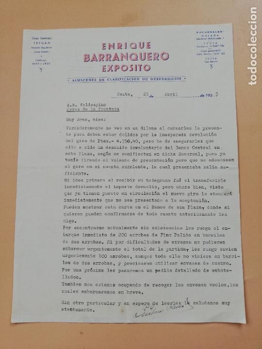 Lettres commerciales: CARTA COMERCIAL. ENRIQUE BARRANQUERO EXPOSITO. ALMACENES DE CLASIFICACION DESPERDICIOS. CEUTA. 1955.