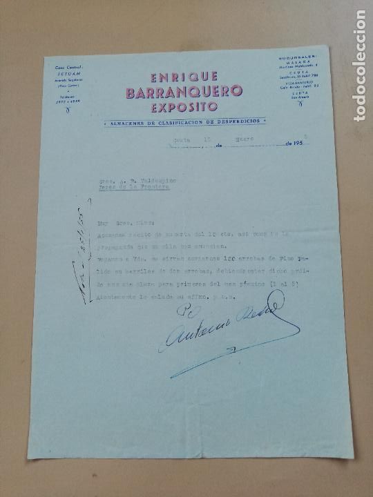 Lettres commerciales: CARTA COMERCIAL. ENRIQUE BARRANQUERO EXPOSITO. ALMACENES DE CLASIFICACION DESPERDICIOS. CEUTA. 1955.