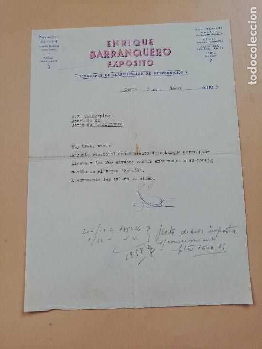 Lettres commerciales: CARTA COMERCIAL. ENRIQUE BARRANQUERO EXPOSITO. ALMACENES DE CLASIFICACION DESPERDICIOS. CEUTA. 1955.