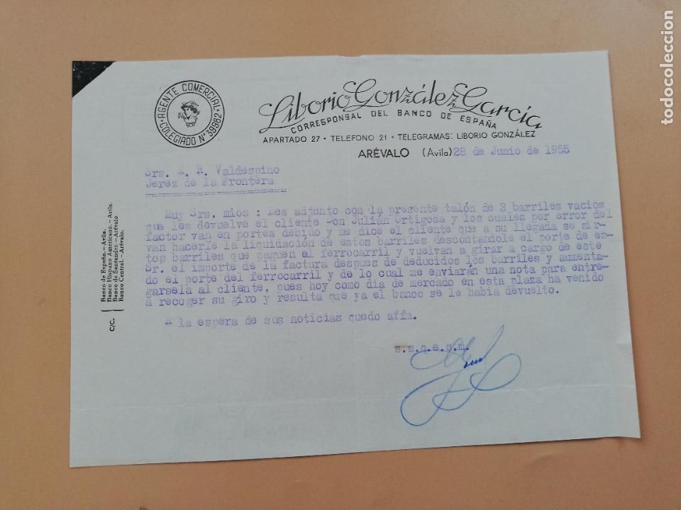 Lettres commerciales: CARTA COMERCIAL. LIBORIO GONZALEZ GARCIA. AGENTE COMERCIAL. AREVALO, AVILA. 1955.