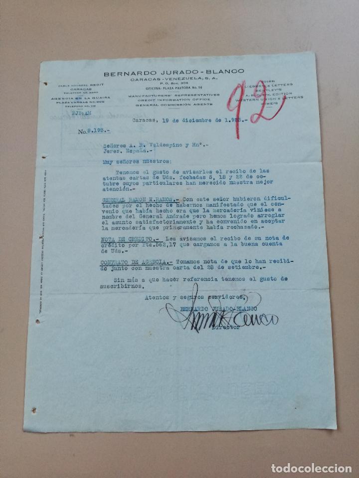 Lettres commerciales: CARTA COMERCIAL. BERNARDO JURADO- BLANCO. CARACAS- VENEZUELA. 1923.