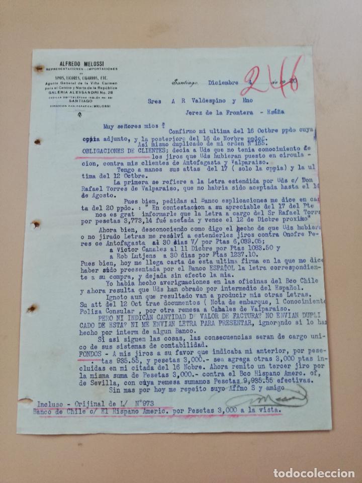 Lettres commerciales: CARTA COMERCIAL. ALFREDO MELOSSI. VINOS LICORES CIGARROS, ETC. SANTIAGO. 1920.