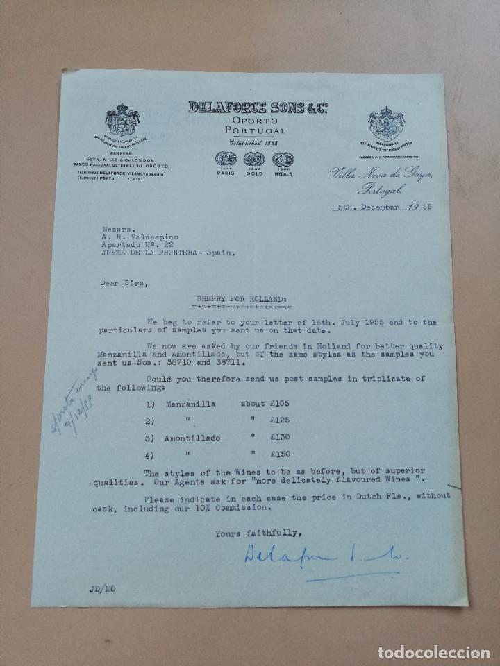 Cartas comerciais: FACTURA. DELAFORCE SONS & C&ordf;. OPORTO, PORTUGAL. VILLA NOVA DE GAYA. PORTUGAL. 1955.