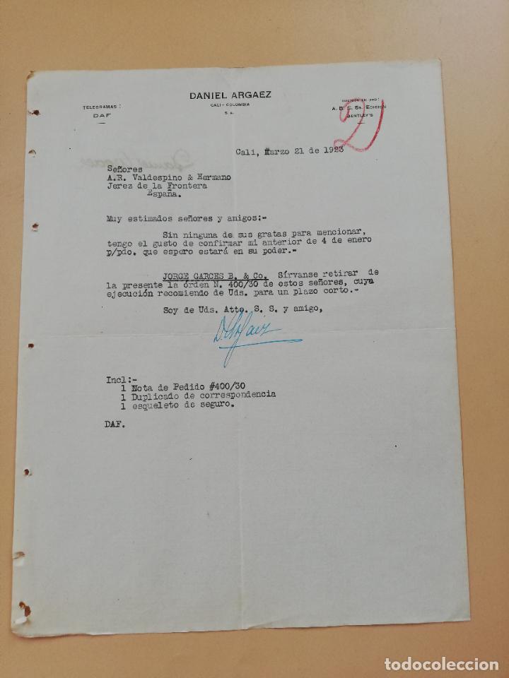 Cartas comerciais: CARTA COMERCIAL. DANIEL ARGAEZ. CALI, COLOMBIA. 1923.