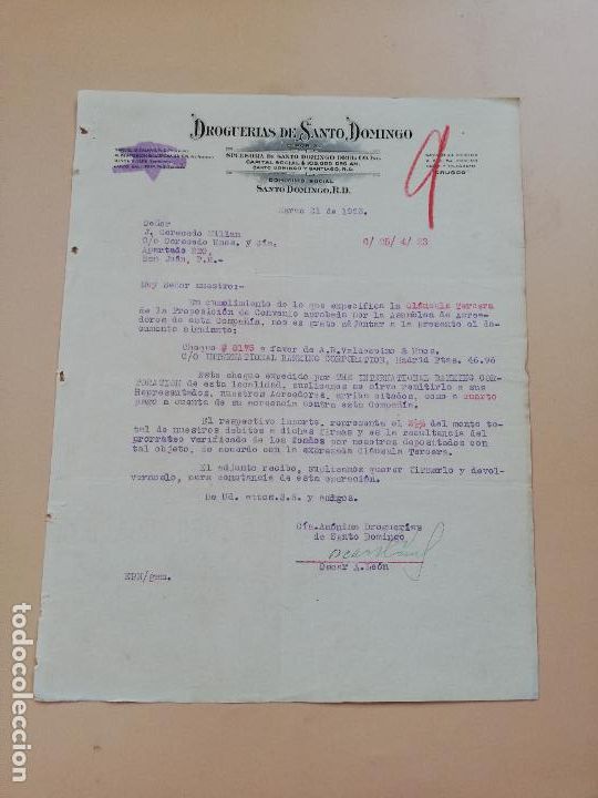 Cartas comerciais: CARTA COMERCIAL. DROGUERIAS DE SANTO DOMINGO. SANTO DOMINGO. 1923.