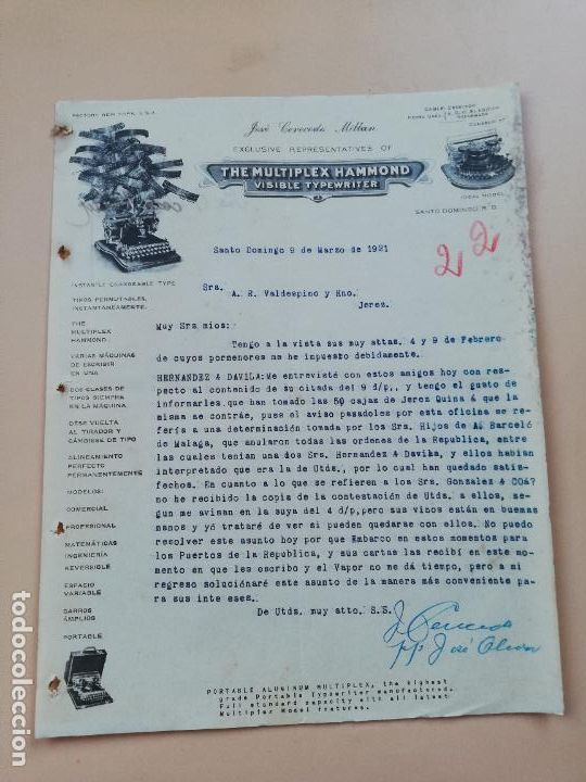 Cartas comerciais: CARTA COMERCIAL. THE MULTIPLEX HAMMOND. JOSE CERECEDO MILLAN. SANTO DOMINGO. 1921.